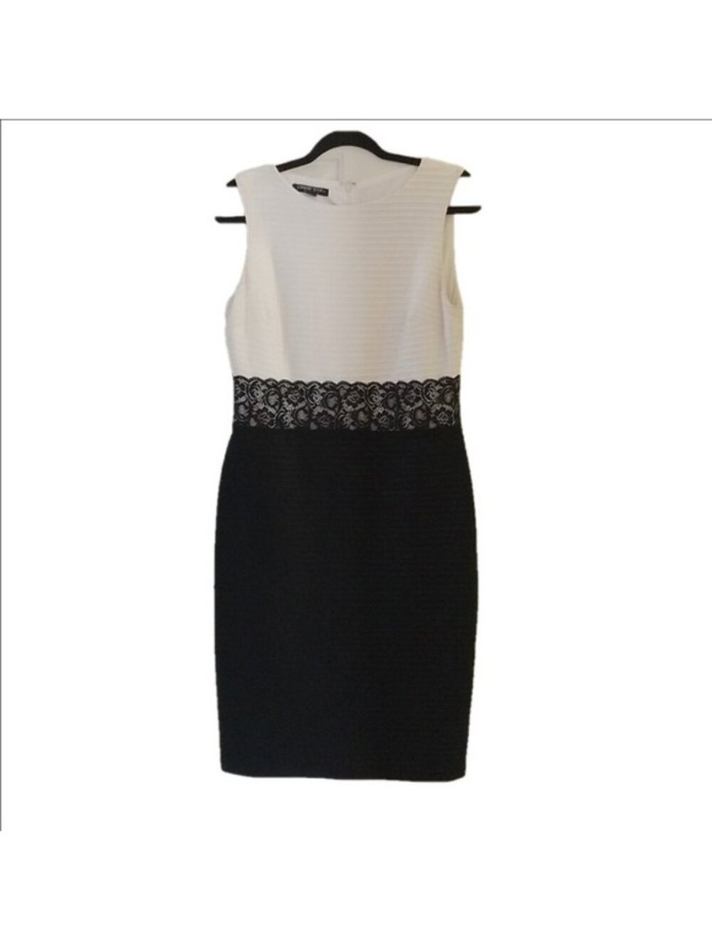 London Style Nights Lacy Mid Color Block Dress, Ivory + Black, Size 10